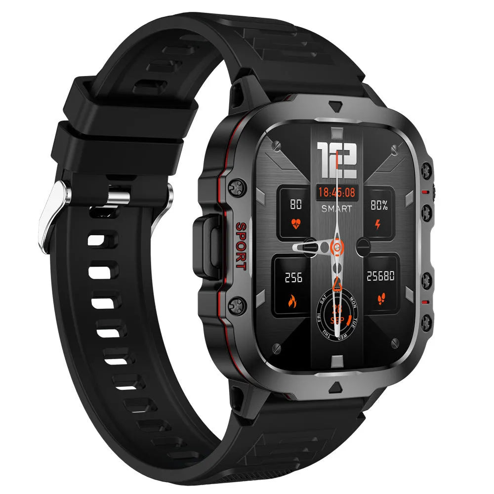 QX11 Smart Bluetooth Watch in black with zinc alloy case and leather strap showing touch screen display