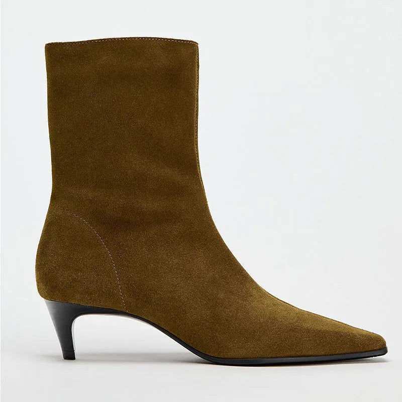 Brown square-toe kitten heel ankle boots with a side zipper on a white background.