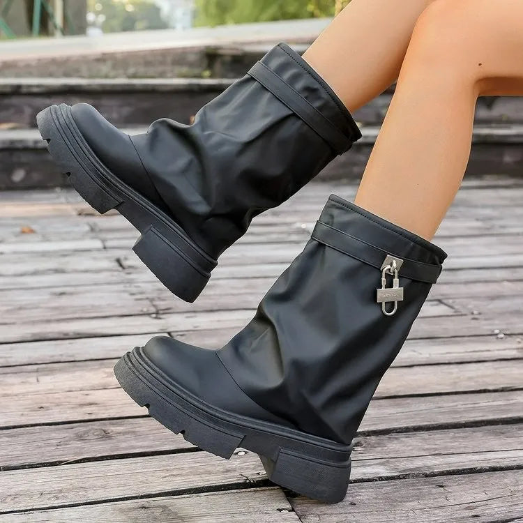 Black women's synthetic leather Martin boots with thick sole, side zipper, and round toe