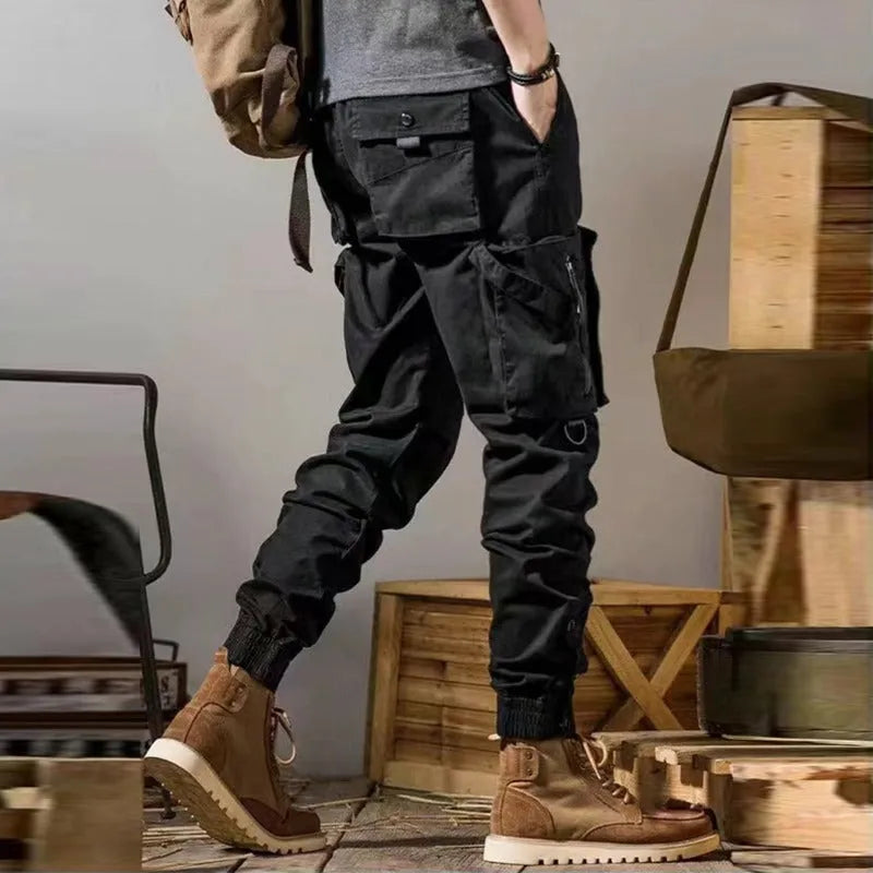Men's straight leg American workwear trousers in solid colour, cotton blend fabric, with drawstring fly, summer casual style
