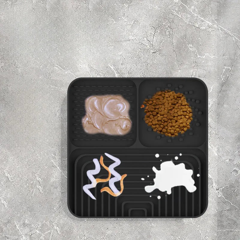 Square silicone slow food mat for dogs and cats with suction cup base, in blue colour
