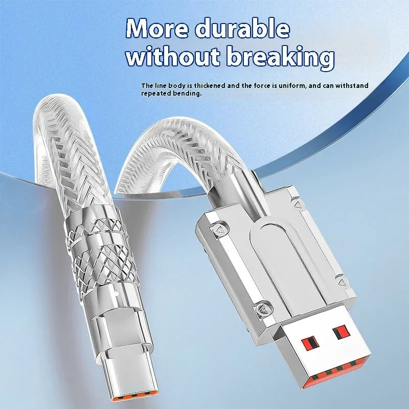 Type C silver grey woven braided data cable with 6A super fast charge and 1.5 metre length