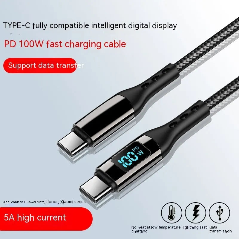 Black woven Type-C to Type-C data cable with digital display and zinc alloy connectors