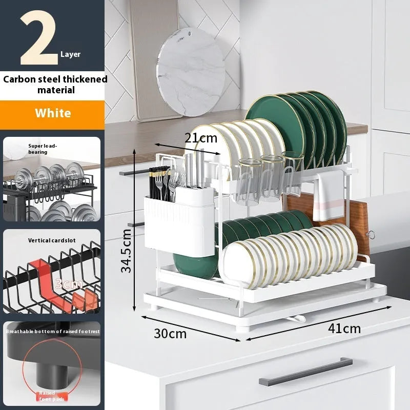 White double-layer kitchen storage rack with removable draining tray