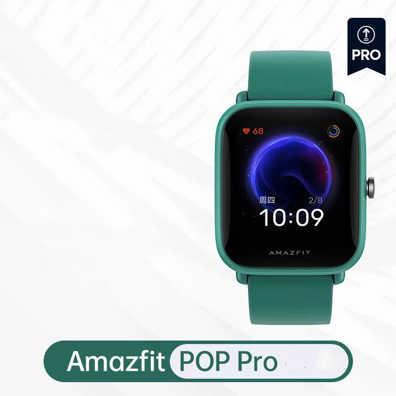 Amazfit Pop smartwatch with colour screen and green silicone strap on wrist