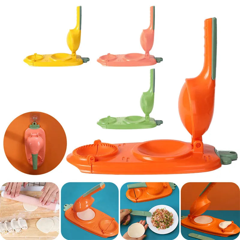 Orange and white manual kitchen dumpling press tool with ergonomic handle on wooden table