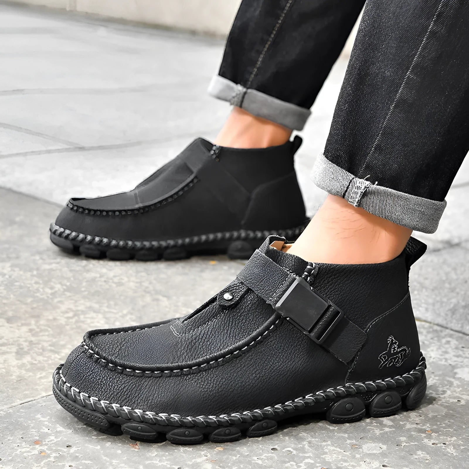 Men's black handmade stitch slip-on casual lazy shoes with a synthetic leather upper