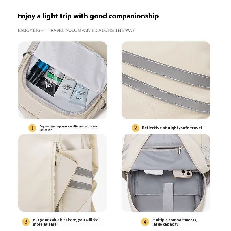 Large unisex solid colour backpack with dry wet separation compartments, shown in beige
