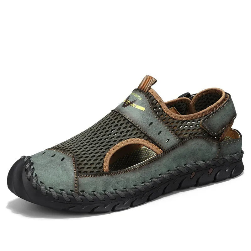 Men's brown leather mesh breathable pumps with elastic band and round toe design