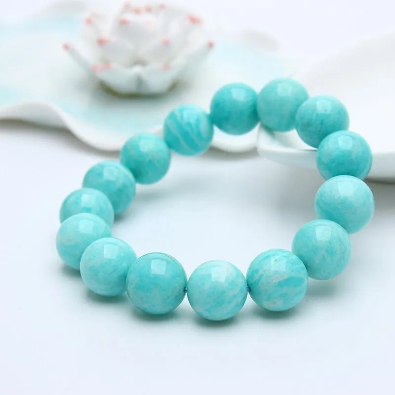 Natural amazonite bead bracelet on wrist showing stone colour and bead sizing