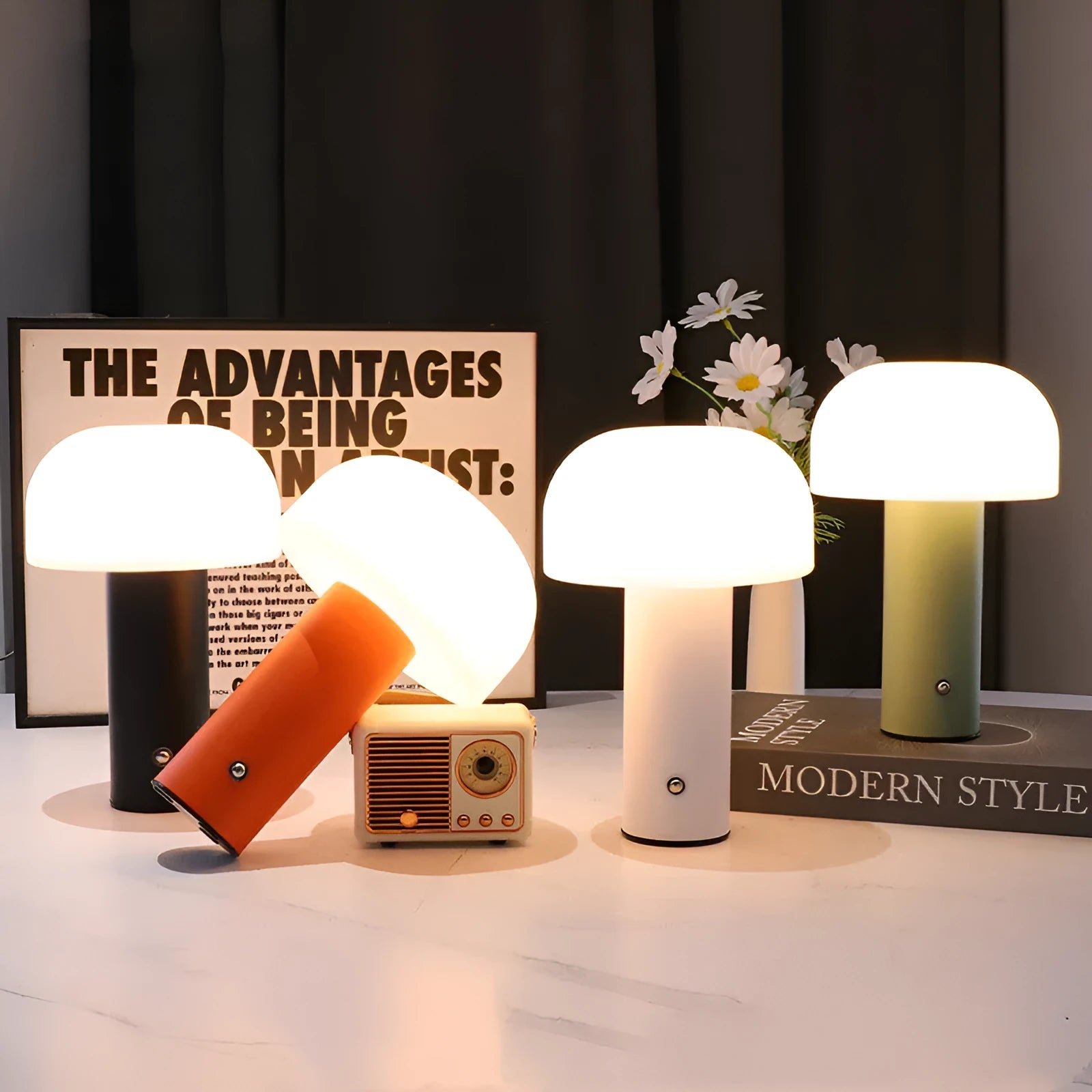USB-powered plastic table lamp in choice of black, green, orange, or white colours.