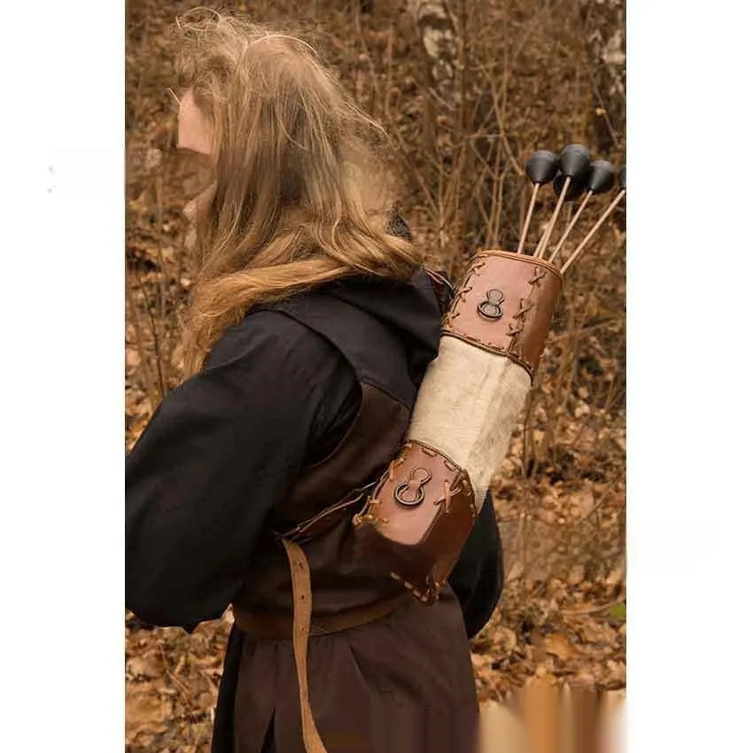 Brown hand-knitted lace-up quiver bag with thick pattern and color matching strap, free size medieval leather quiver