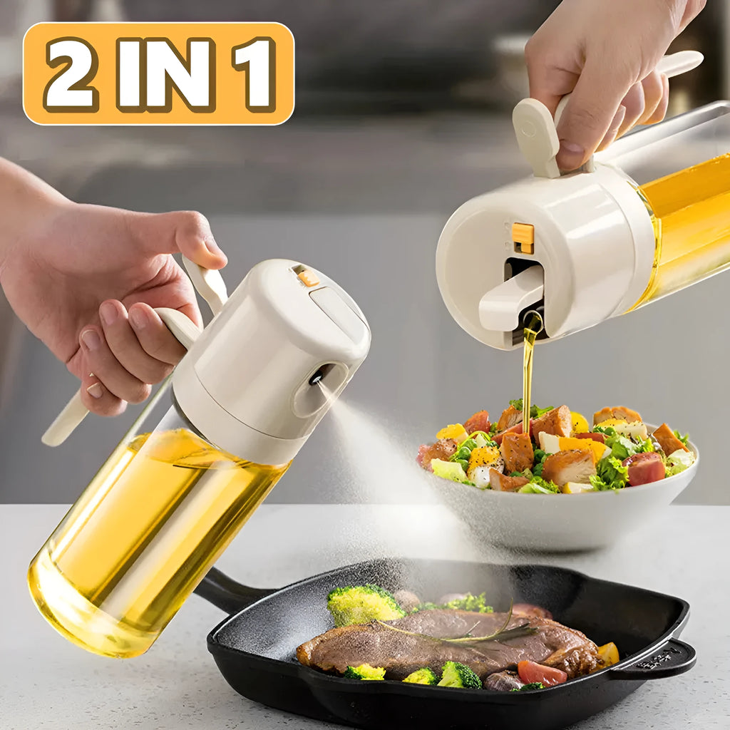 Warm grey glass oil spray bottle with dual-mode switch and automatic tilt-open lid