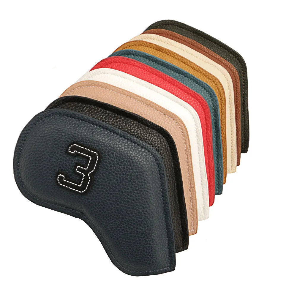 Set of 10 colourful PU leather golf club head covers with minimalist digital print designs.