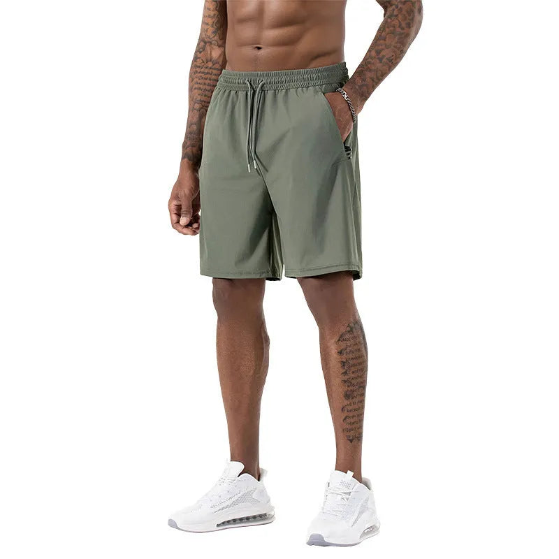Men's black Ice Silk quick-drying sports shorts with high waist and drawstring closure