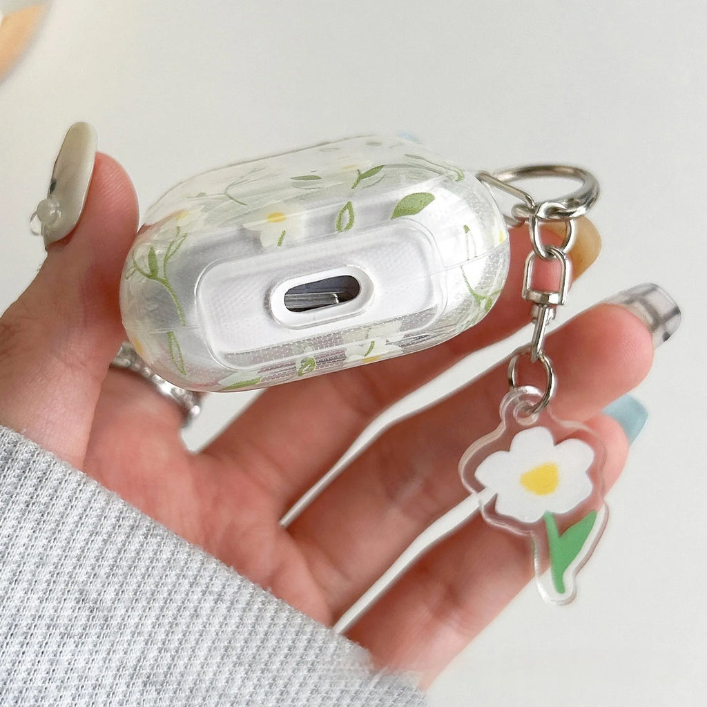 White floral pattern transparent TPU soft cover for Apple AirPods charging case.