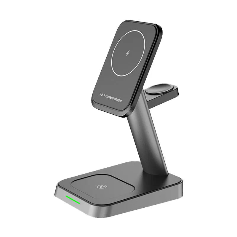 Black cubic 10000mAh wireless charging station for phones and smartwatches on a desk