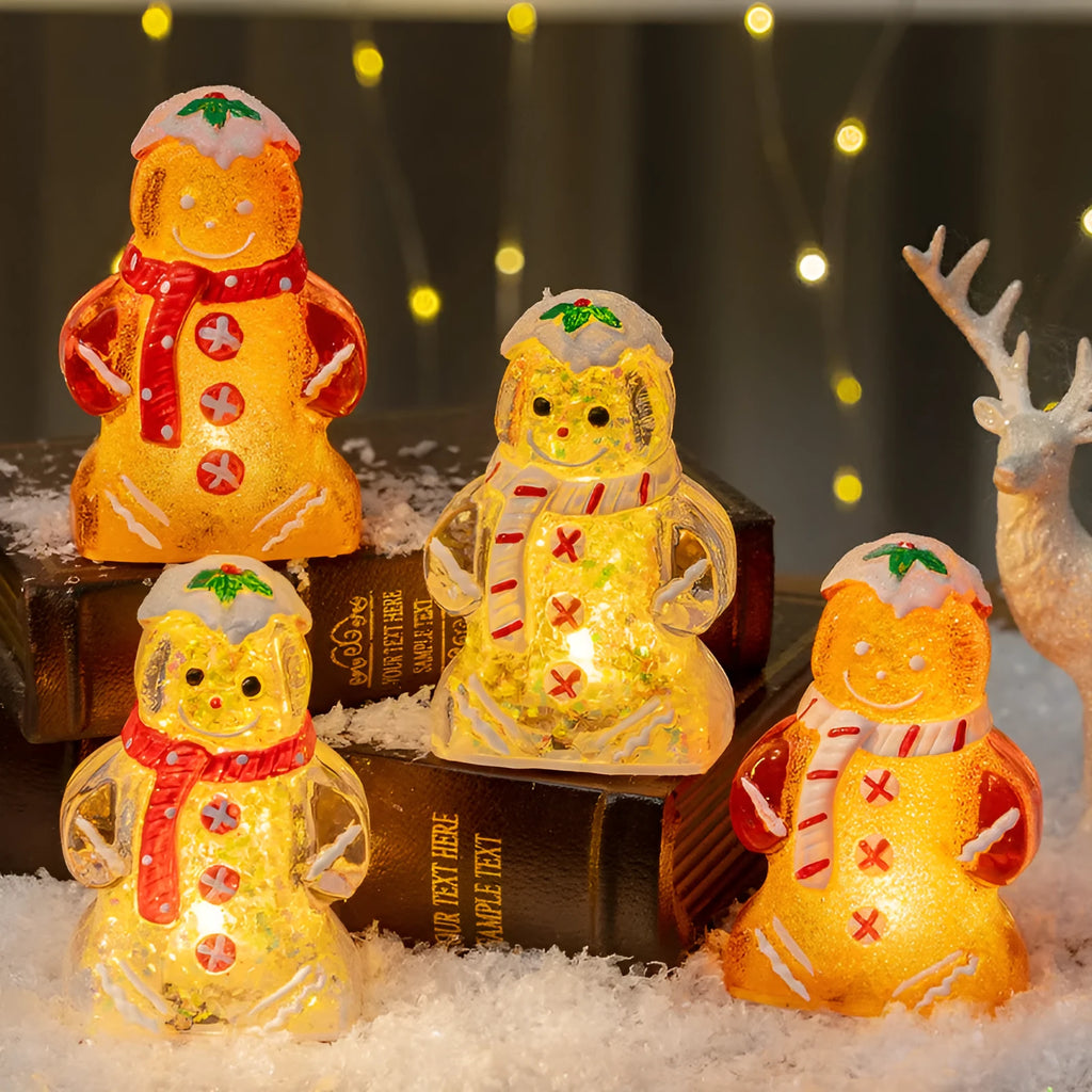 Plastic glowing gingerbread man Christmas ornament with a scarf in red, white, or transparent colours.