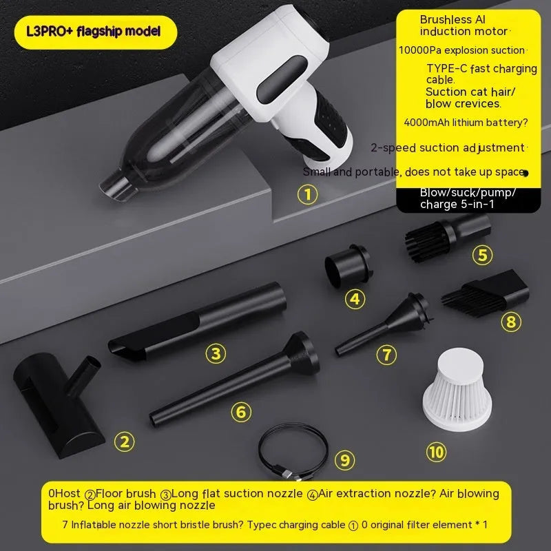 Black cordless handheld car vacuum cleaner with attachments on a grey car seat.