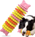 Blue green pink caterpillar-shaped natural rubber chew toy for dogs on a white background