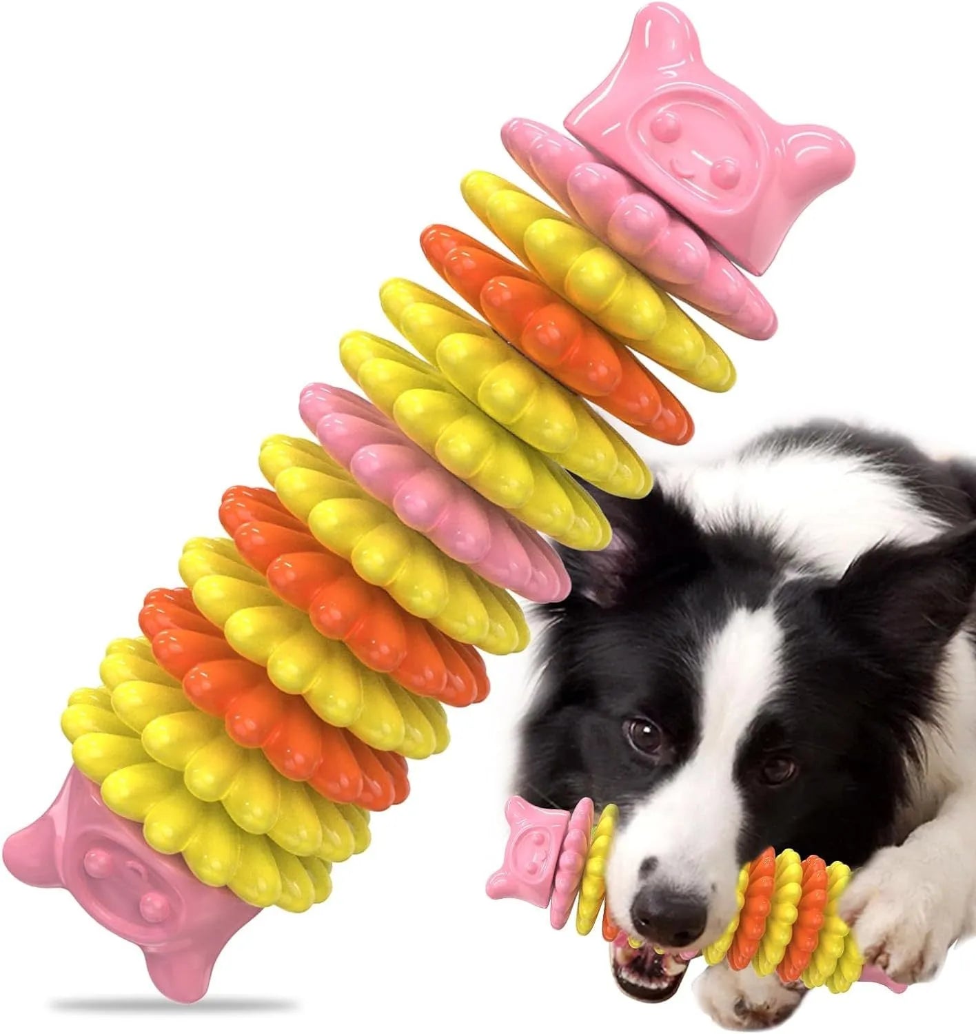 Blue green pink caterpillar-shaped natural rubber chew toy for dogs on a white background