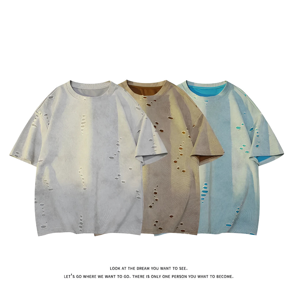 Men's loose fit blue cotton blend short sleeve T-shirt on a hanger