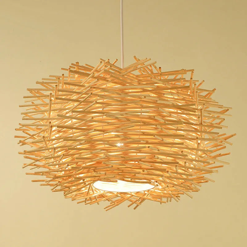 Handwoven rattan birdcage chandelier with bamboo straw weave in coffee colour, 30cm diameter