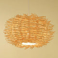 Handwoven rattan birdcage chandelier with bamboo straw weave in coffee colour, 30cm diameter