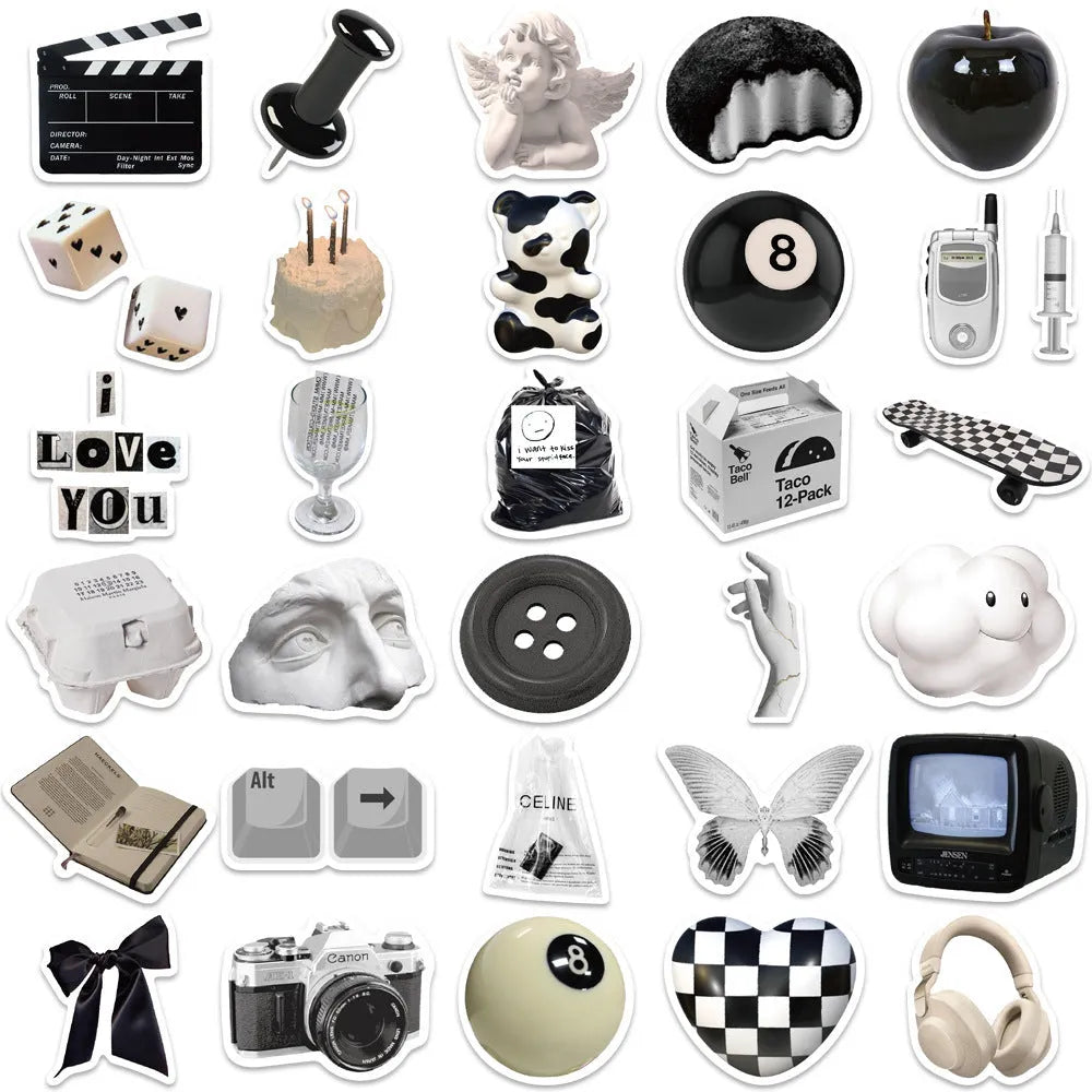 Assortment of 61 black and white line-art PVC stickers for laptops and luggage.
