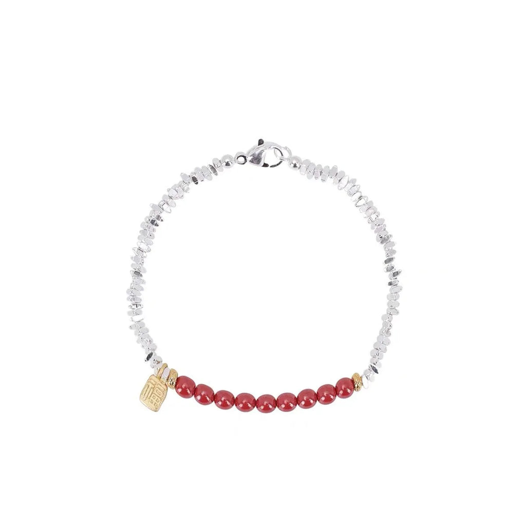 Geometric copper couple bracelet with round silver lucky beads measuring 16cm with white K finish