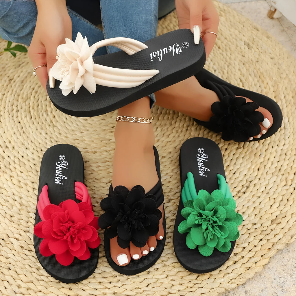 Floral pattern flip-flop beach shoes with EVA sole in beige, red, black or green colours