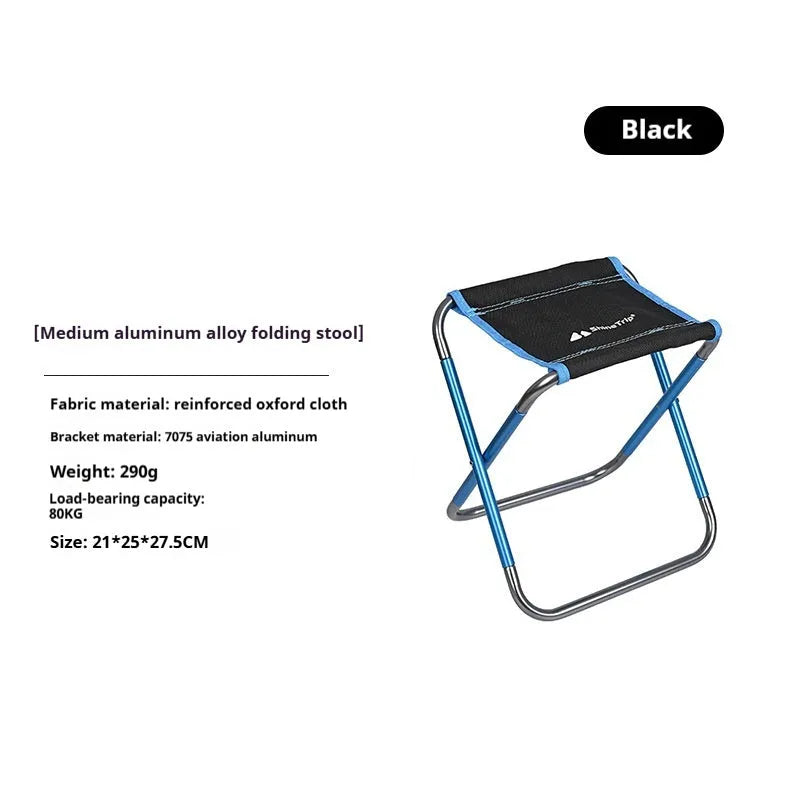 Black national style aluminium alloy folding camp stool shown in open and folded positions.