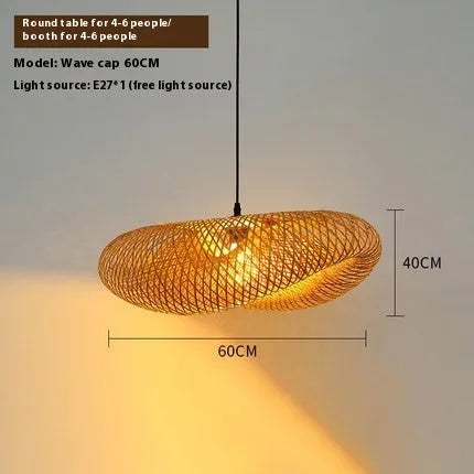 Natural woven bamboo straw hat-shaped pendant ceiling lamp with an open weave design.