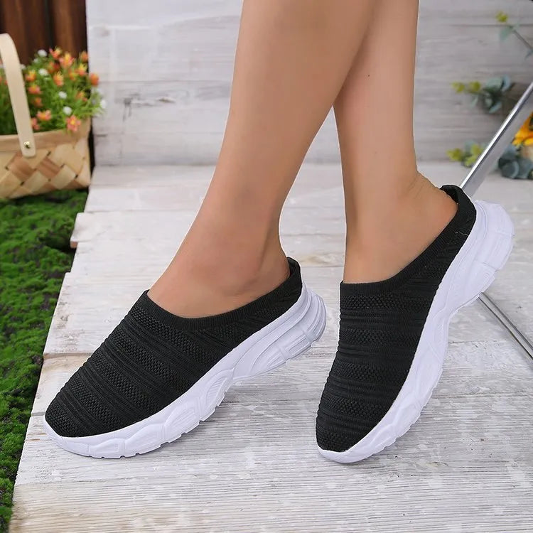 Women's mesh casual wedge heel slipper in beige with round toe and rubber sole