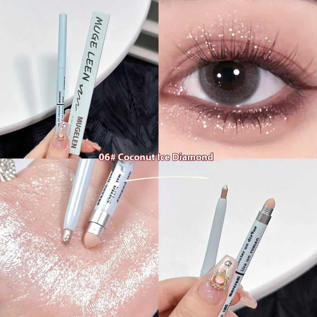 Waterproof 2-in-1 eye shadow pen showing various shades including gold, purple, and brown.