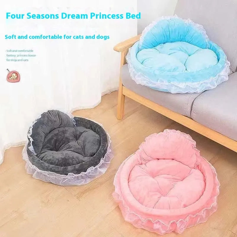 Cute princess lace teddy cloth pet bed in pink with decorative trim, suitable for small dogs