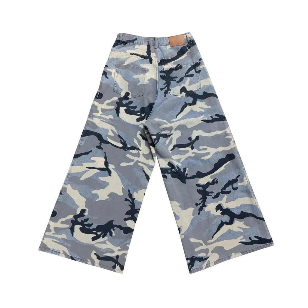 Snow camouflage blue jeans showing mid-waist design and loose fit trousers