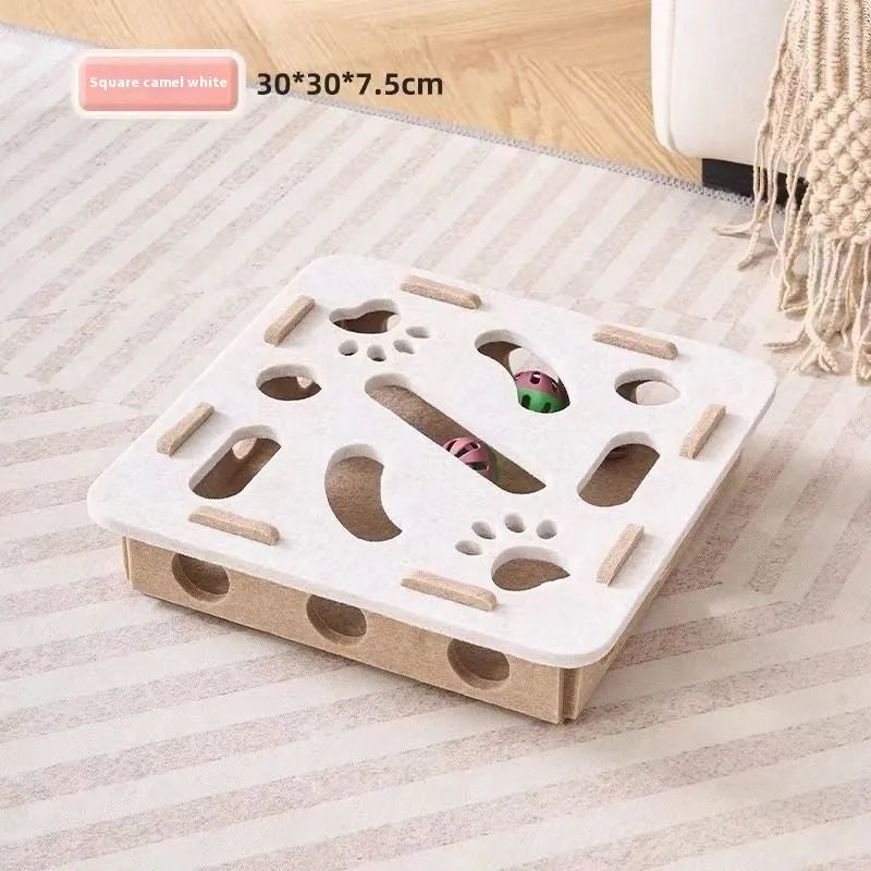 Green brown felt box cat toy with holes for interactive puzzle play.