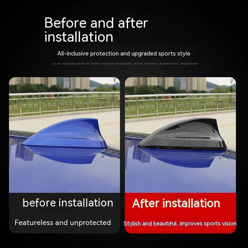 BMW shark fin antenna cover replacement in carbon fibre pattern and piano black finish options.