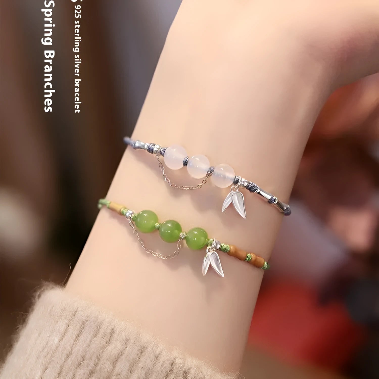 Hetian jade bracelet with diamond weave and lotus design in light green or haze blue