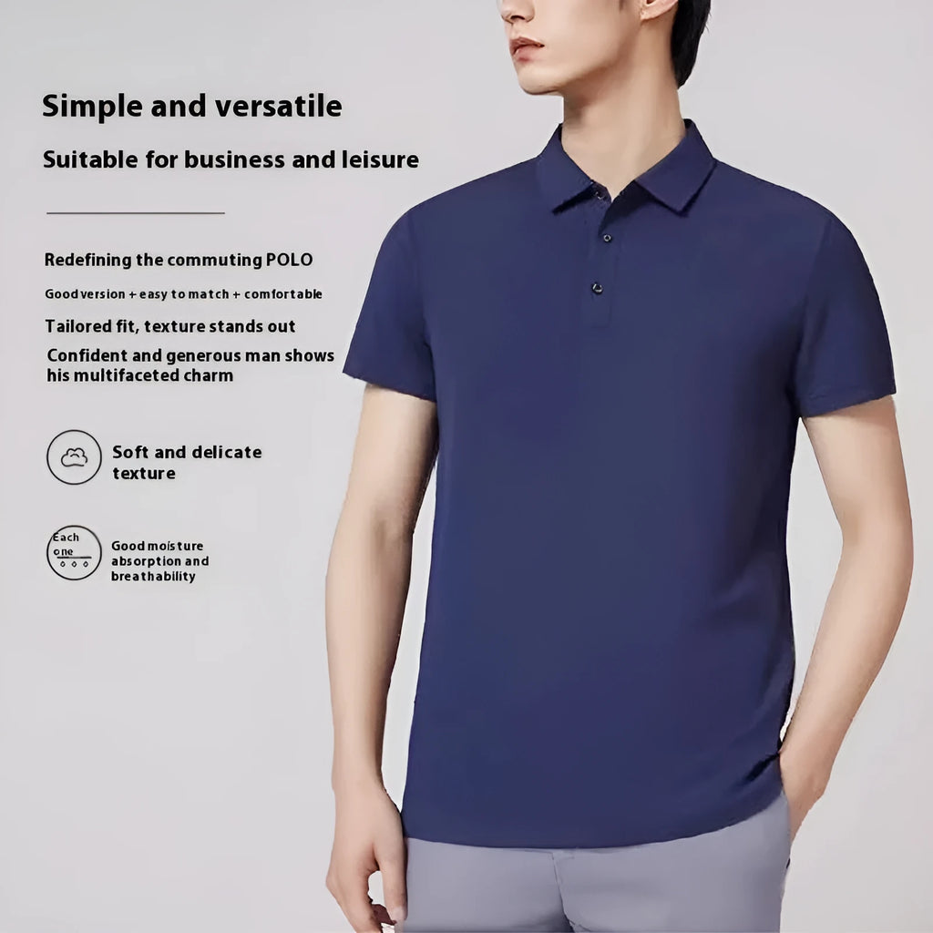 A young-style, short sleeve work shirt in cool silk cotton fabric on a hanger.