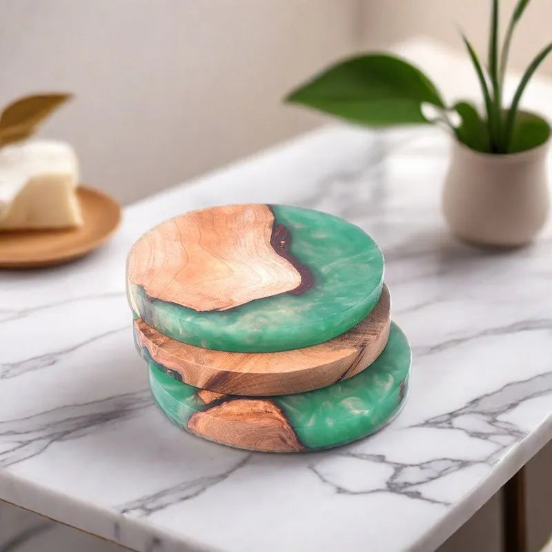 Nordic style wooden resin coaster in solid colour with tumour pattern.