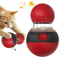 Super ball coloured plastic rotating cat food dropping ball toy on a plain surface.