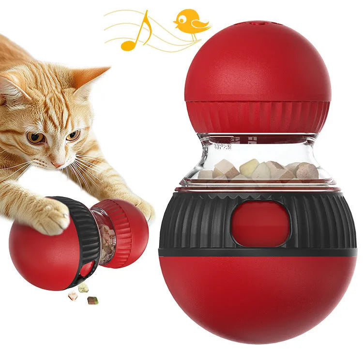Super ball coloured plastic rotating cat food dropping ball toy on a plain surface.
