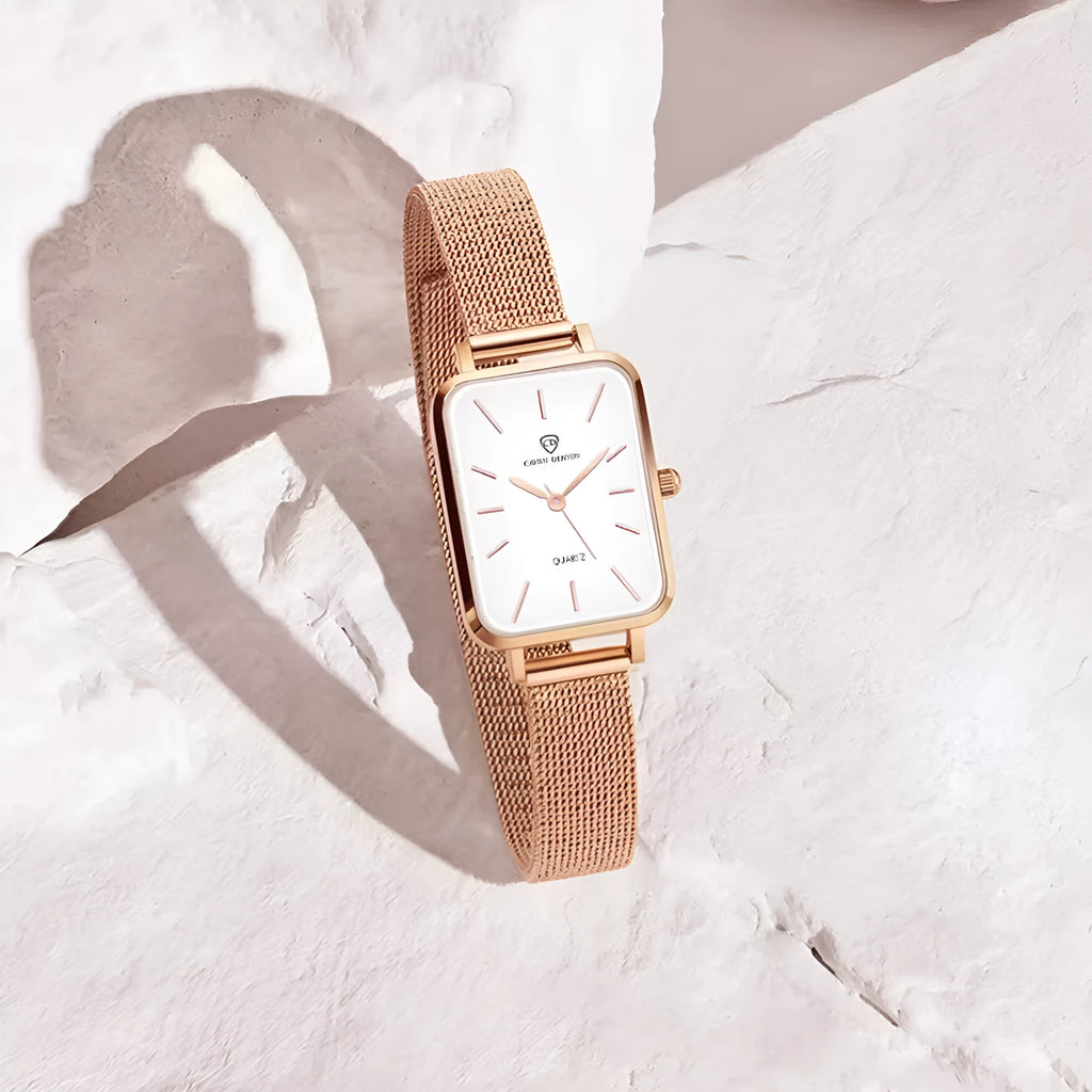 Women's rose gold waterproof quartz watch with alloy case and woven steel strap