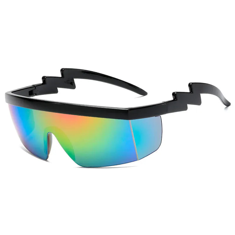 One-piece sports sunglasses with lightning leg temple design in black frame with blue polycarbonate lenses