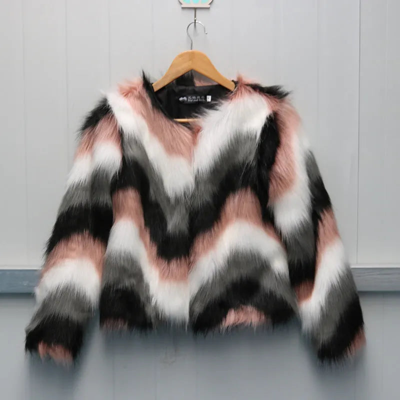 Korean style women's faux fur leather coat with O-neck design