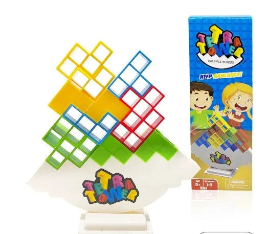 Plastic balance stacking game with colourful blocks on a chassis