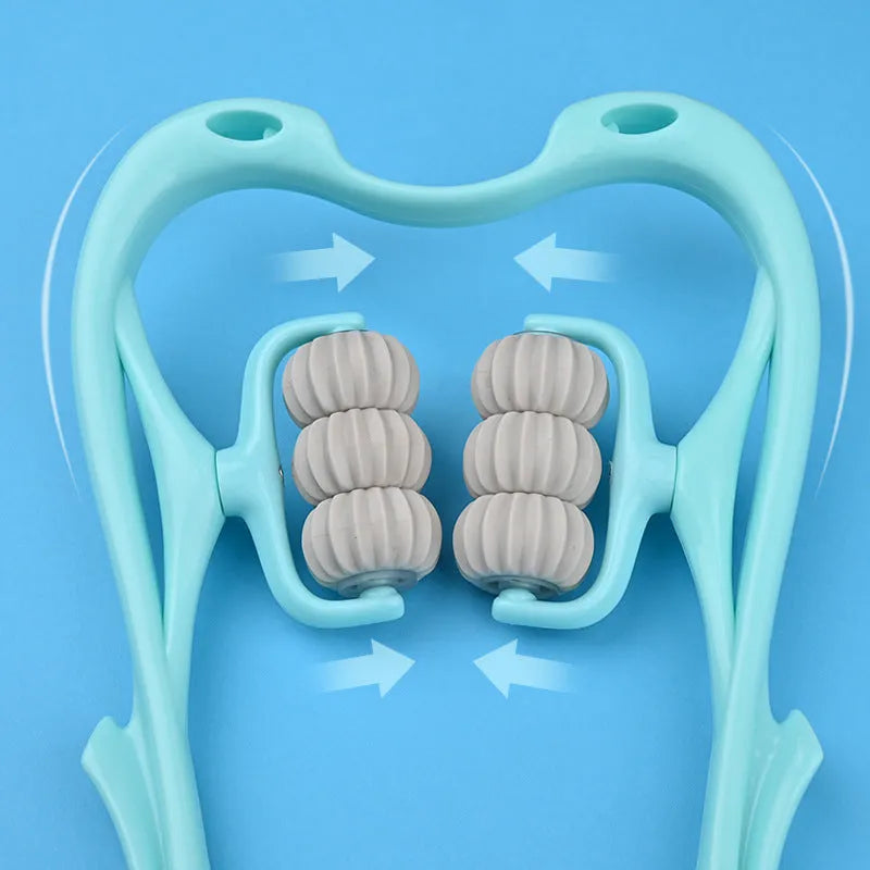 Blue handheld plastic massager with six rotating wheels for neck, shoulder, and waist.