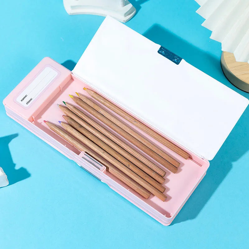 Multifunctional plastic pencil box with calculator, double-sided opening, available in multiple colours